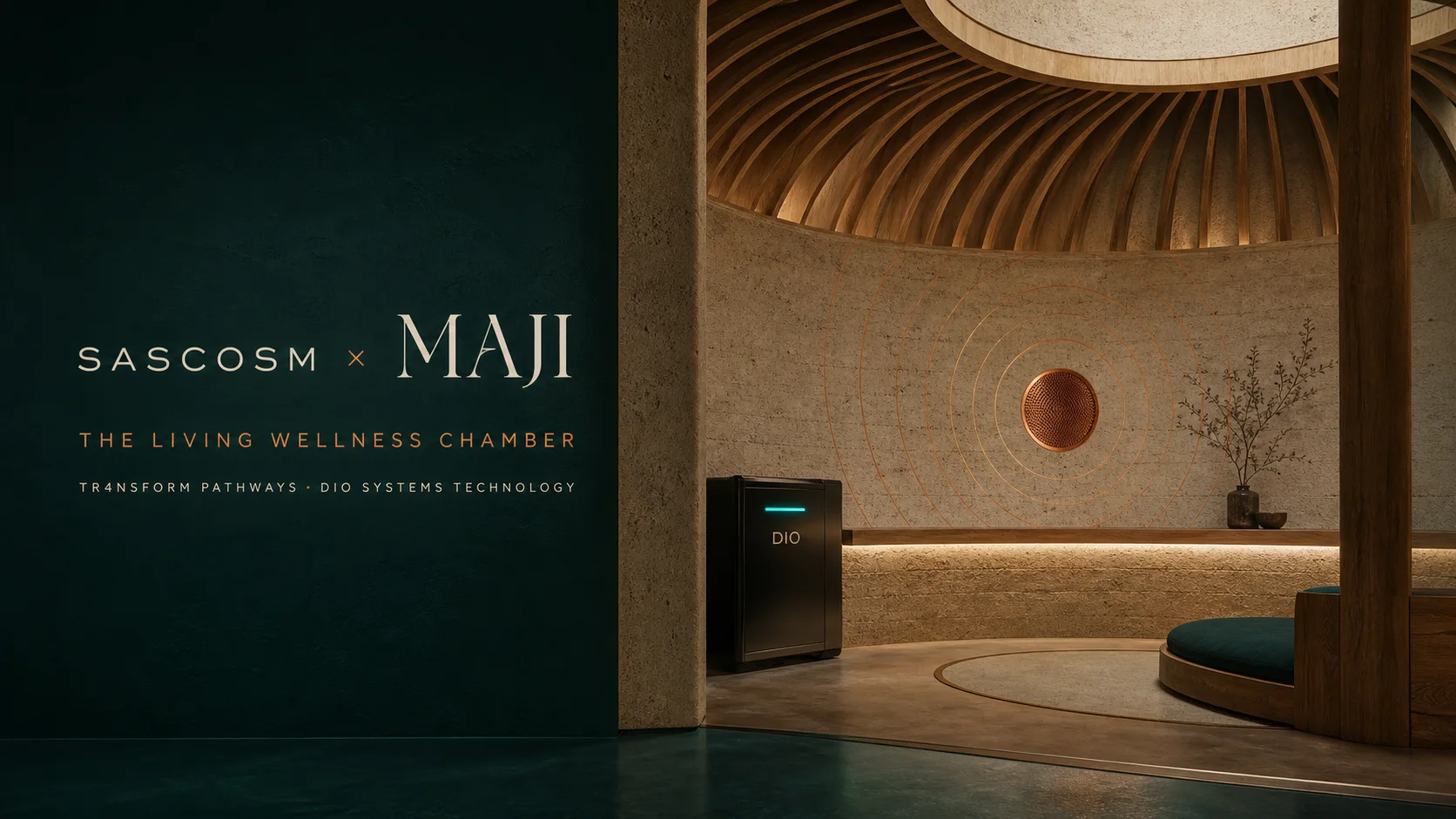 SASCOSM and MAJI Living Wellness Chamber concept with a warm stone and timber restorative interior