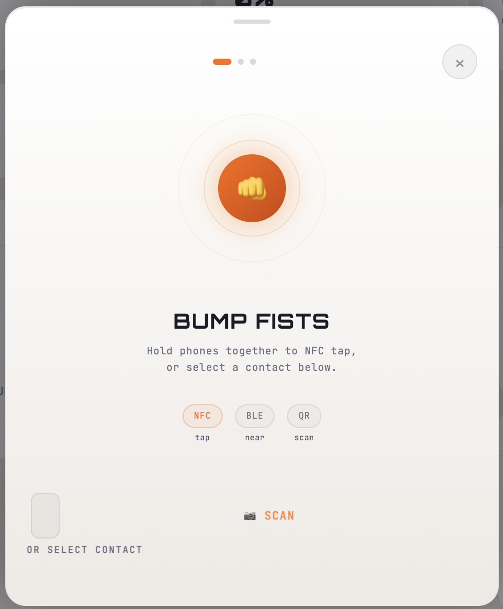 Verified BUMP interaction interface showing nearby NFC, Bluetooth and QR options for a BUMP payment handoff