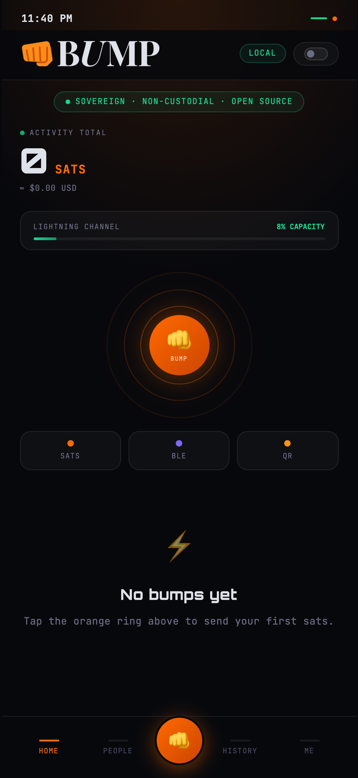 Production BUMP mobile dashboard showing Lightning capacity, the central BUMP gesture, and bottom navigation