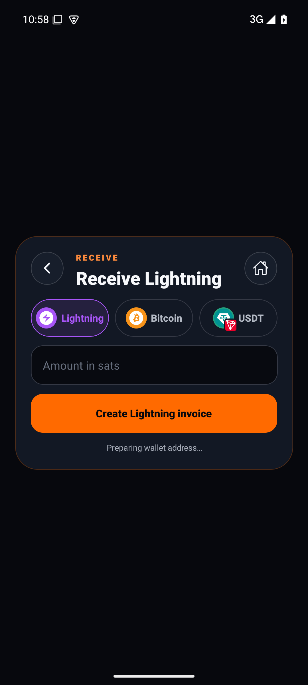 BUMP receive screen with Bitcoin, Lightning and USDT options