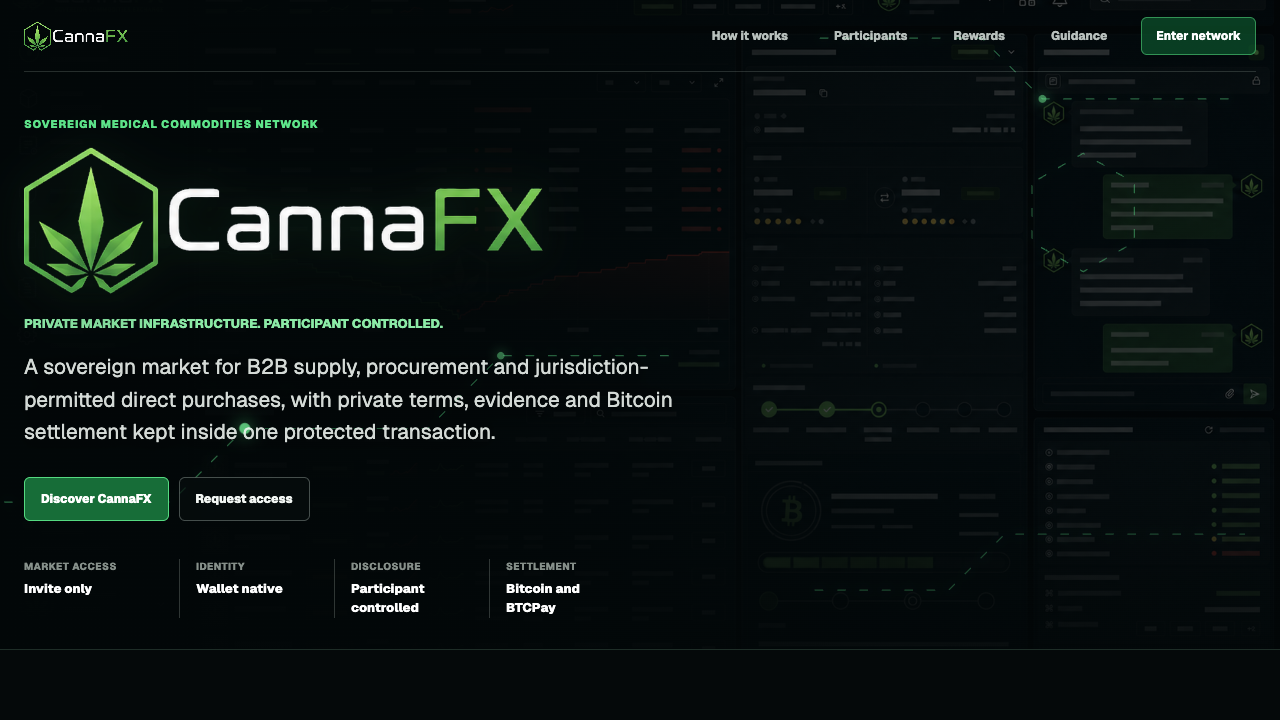 The live CannaFX public market briefing, showing private market infrastructure and participant-controlled Bitcoin settlement.