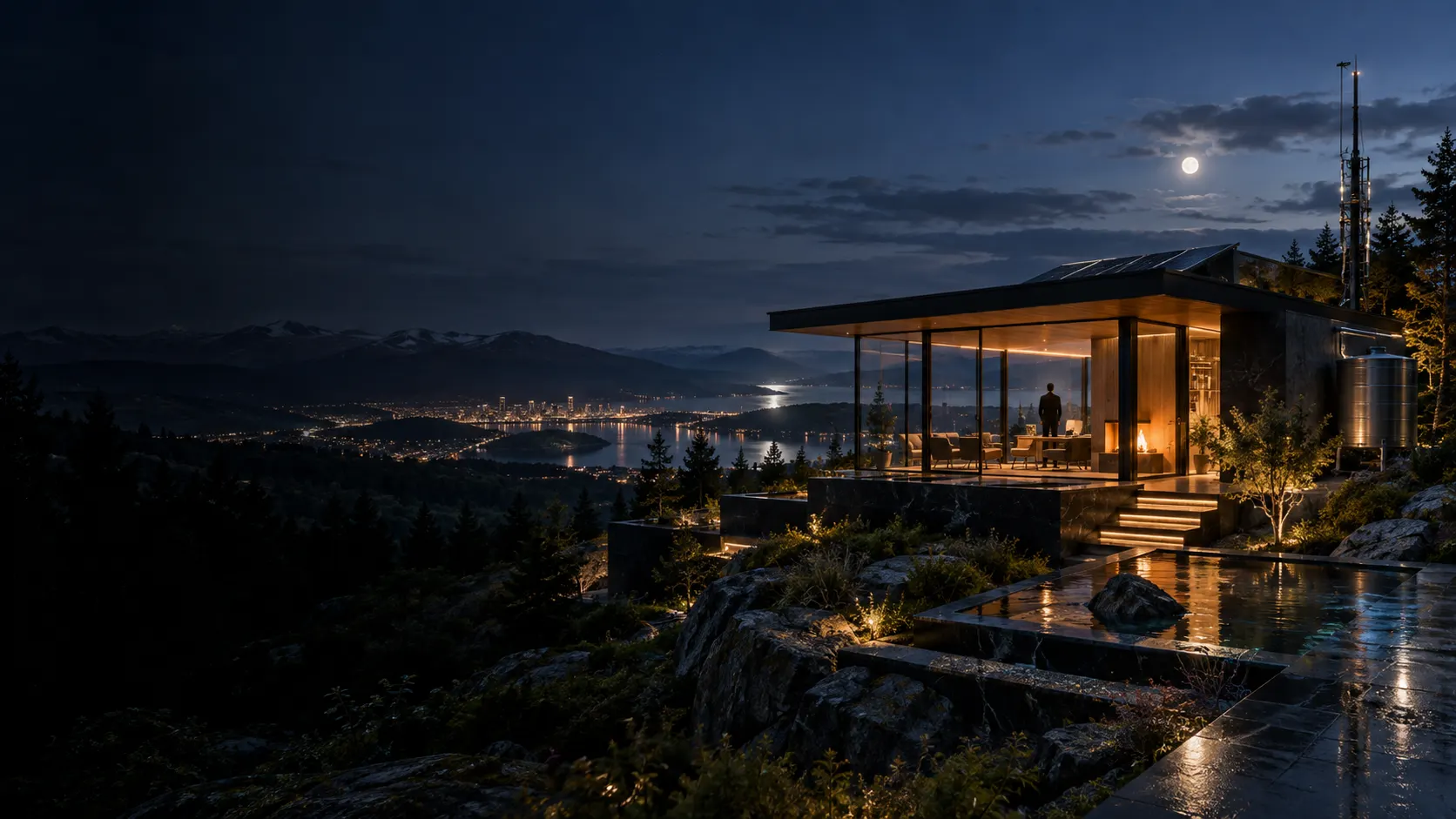 A private illuminated sanctuary above a connected city at night