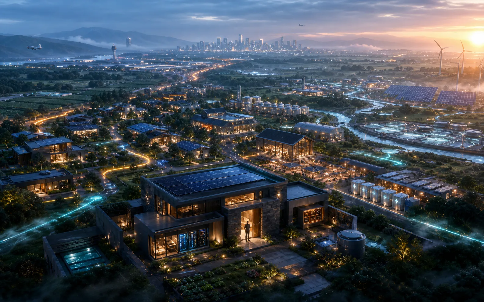 A sovereign home with local compute, energy, water and treasury at the centre of a living community and regional infrastructure